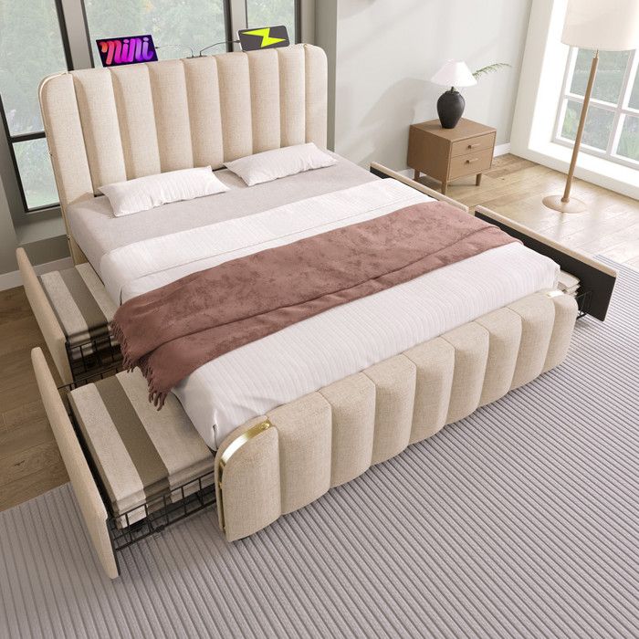 Lit Capitonné Double 140x190 cm Rayures Décoratives Dorées Cadre métallique USB et Type-C 4 tiroirs Tissu Lin Beige