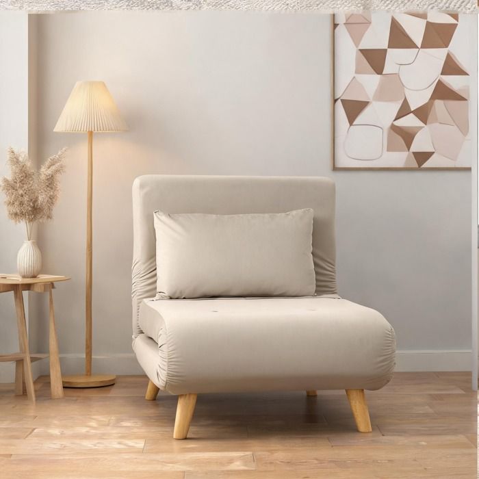 Fauteuil relax convertible 2 places en velours beige dossier réglable 6 positions lit dappoint 72x190 cm charge 120 kg