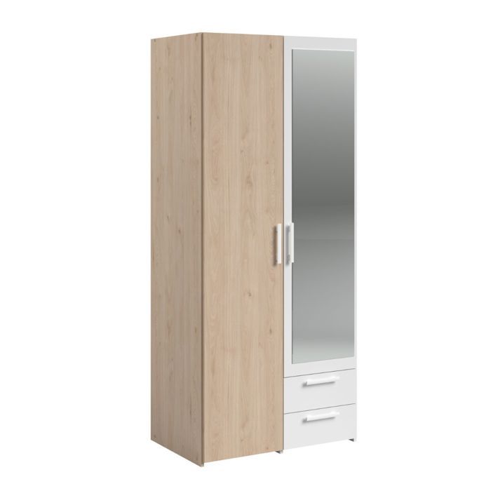 Armoire 2 portes 2 tiroirs aspect bois avec miroir encadrement blanc - AMAEL Armoire 2 portes 2 tiroirs aspect bois avec miroir encadrement blanc - AMAEL