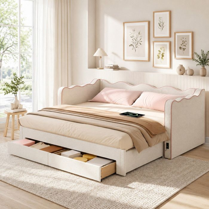 Lit Banquette Extensible 90x200 à 180x200 cm Canapé-Lit avec 2 Tiroirs de Rangement et ports USB Bouclé Beige