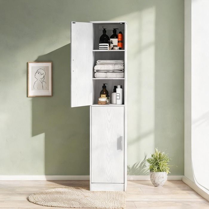 Meuble haut de salle de bain blanc classique en bois 40x35x180 cm 6 niches ajustables 2 portes