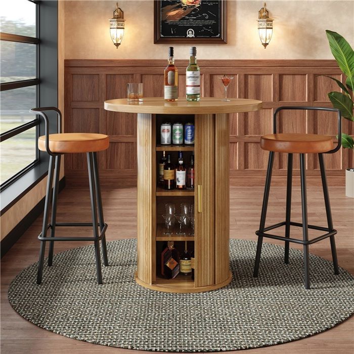 Lot 2 tabourets ergonomiques + table ronde à rangement design compact gain de place assise rembourrée pieds stables