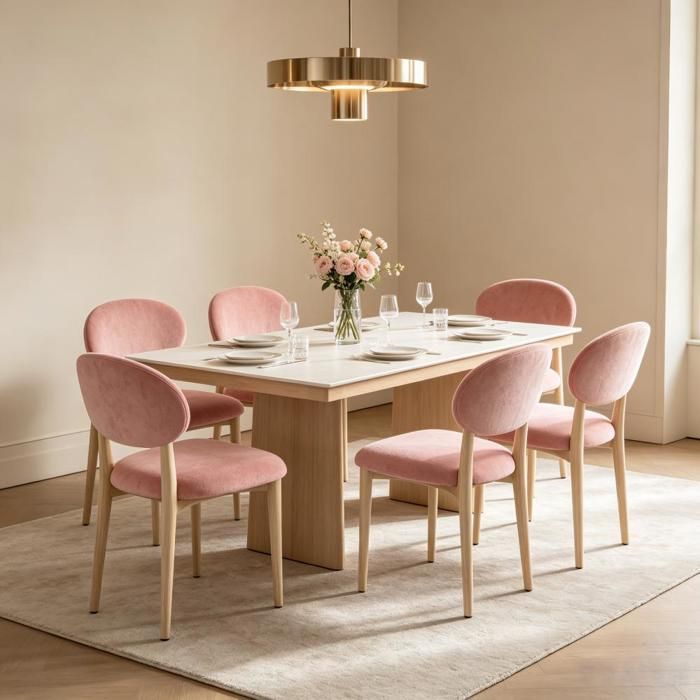 SUPFINE Chaise de Cuisine en Tissu Peluche Doux Confortable Lot de 6 Chaises de Salle à Manger en Bois Capacité de 120kg Rose