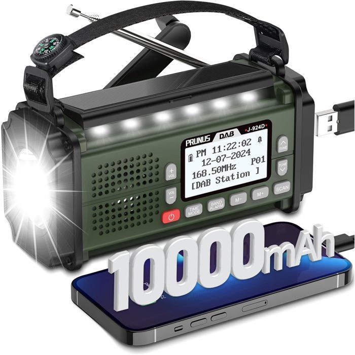 Radio Dab+/FM Portable Prunus J-924 Solaire 10000mAh Radio Survie avec Piles et Manivelle Panneau Solaire Réveil Chargeur