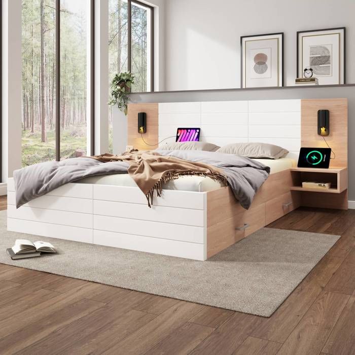 Lit double 180 x 200 cm en bois chêne et blanc avec tête lumineuse usb 2 tiroirs et 2 tables de chevet sans matelas