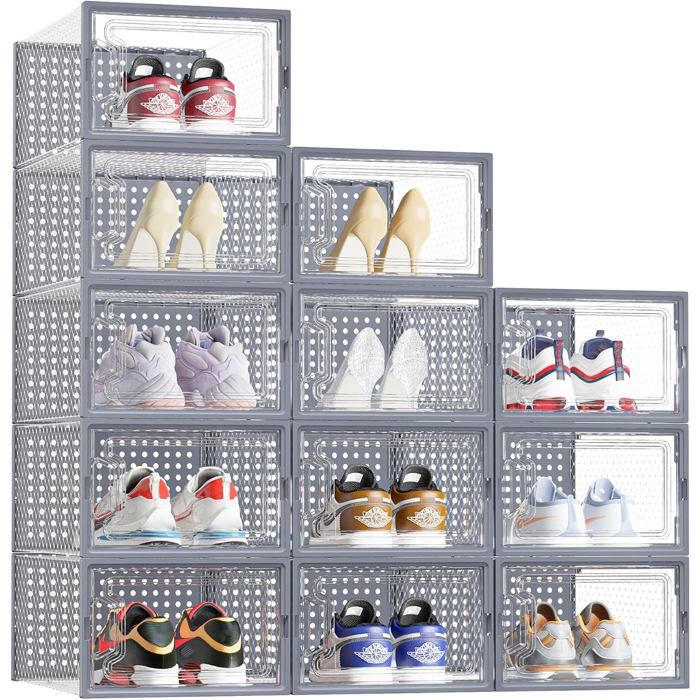Boîte à chaussures transparente empilable - lot de 12 - dimensions 33.2 x 23.5 x 14.5 cm - compatible pointure 44 - en plastique