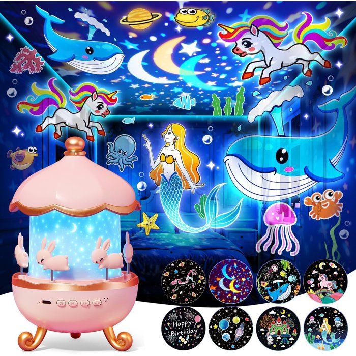 Projecteur Enfant Veilleuse Lampe de Chevet avec 12 Films Rotation 360° 8 Mélodies Minuterie Rechargeable USB-C.