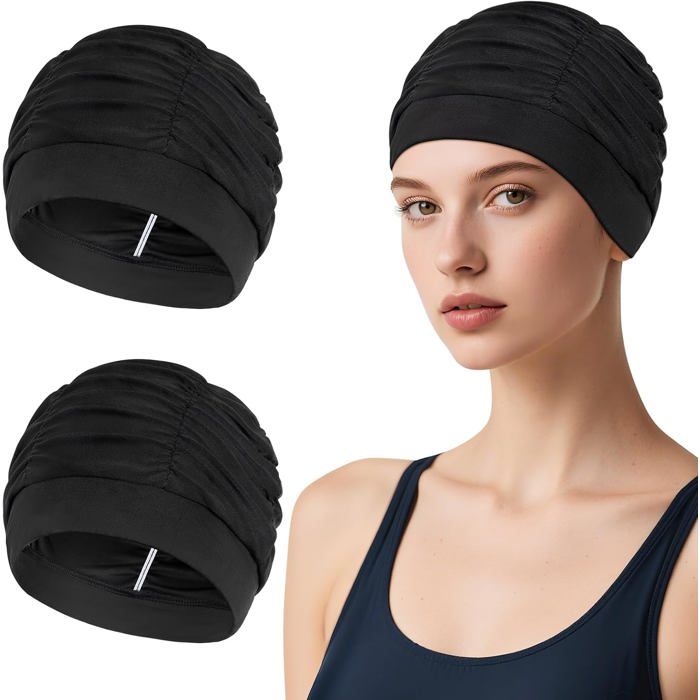 Lot de 2 bonnets de bain plissés - bonnet de natation élastique en polyester confortable pour piscine femme homme enfant