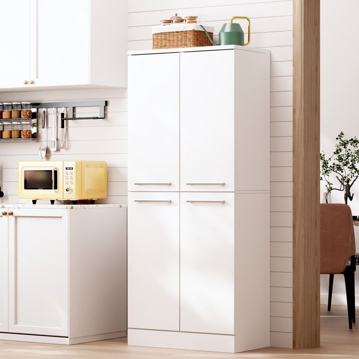 Armoire colonne de cuisine blanc brillant 76 x 42 x 180 cm 4 portes étagères réglables poignées métalliques