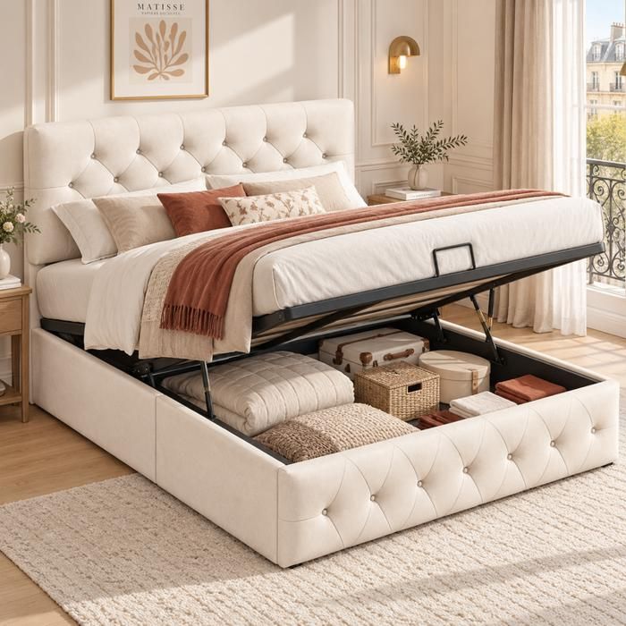 Lit coffre 140x200 cm Velours Beige Lit double rembourré avec rangement hydraulique Sommier à lattes Tête de Lit Réglable Lit adulte