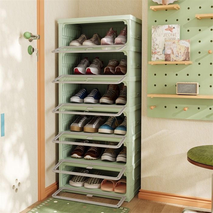 Meuble à chaussures 45x34.5x105.5cm - Étagère pliable 1 colonne 6 niveaux - Meuble de rangement en plastique - Vert et gris