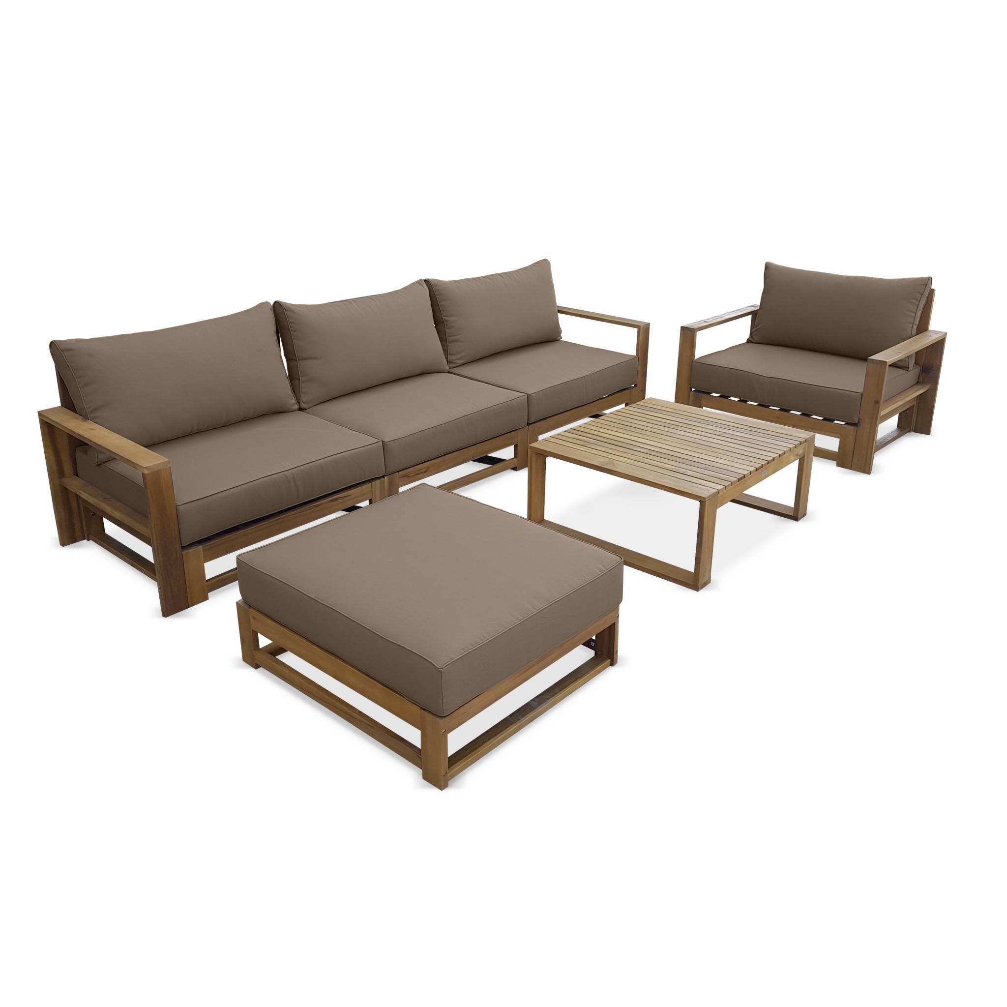 salon de jardin en bois 5 places mendoza coussins taupe canape fauteuils et table basse en acacia 6 elements modulables cdiscount jardin