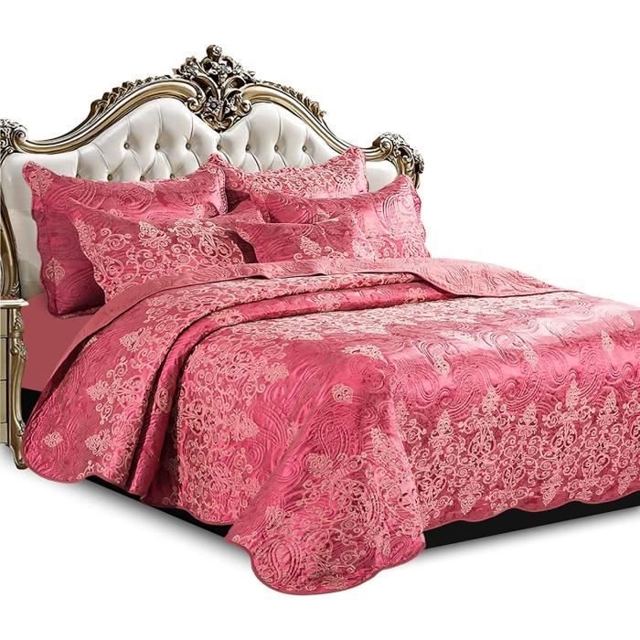 couvre lit boutis satin jacquard broderie bourgogne grande taille 230 x 250cm 2 taies d oreiller 50x70cm cdiscount maison