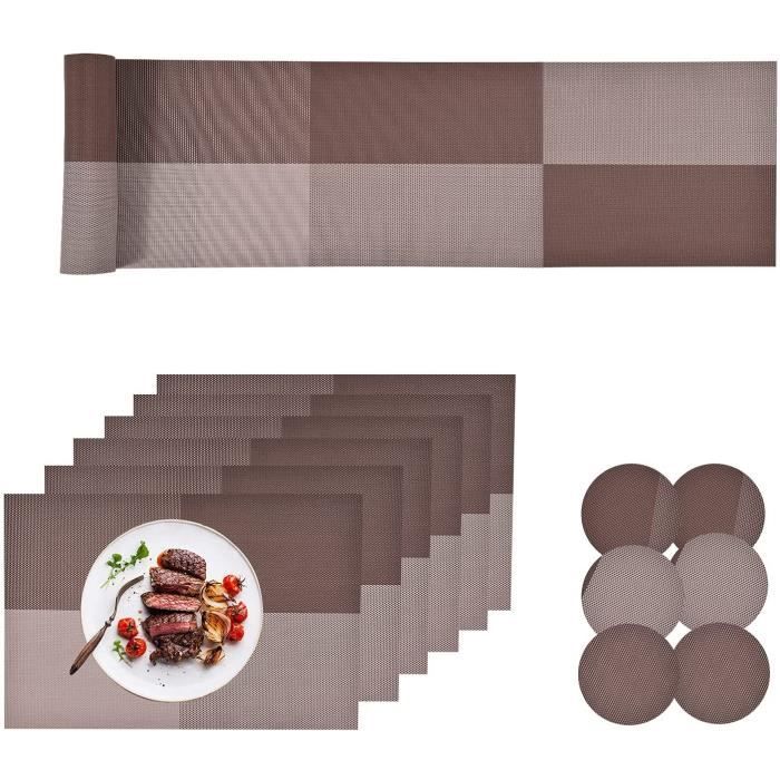 Lot De 6 Sets De Table + Chemin De Table Tissés - Vinyle Et PVC Lavable - Marron - Rectangulaire
