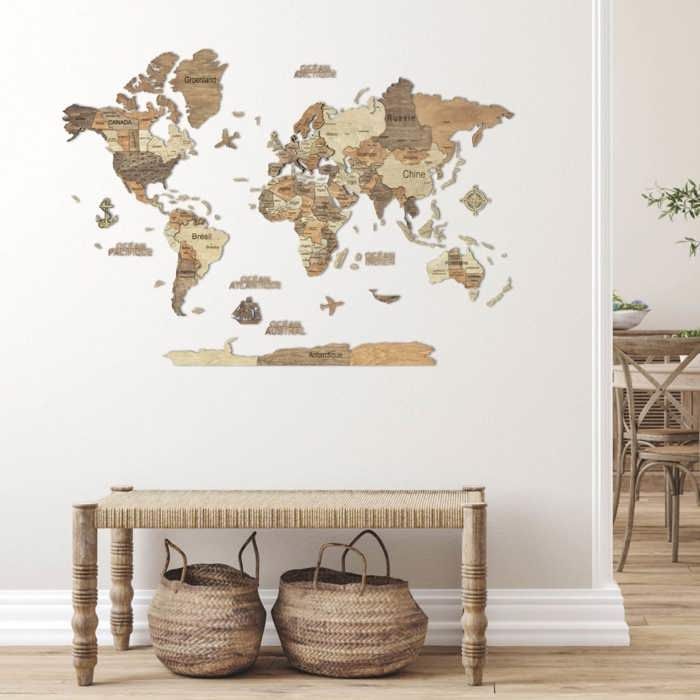 CREATIFWOOD CARTE DU MONDE EN BOIS CREATIFWOOD 3D FONCÉE, M (100 X 70 CM) - DÉCORATION MURALE