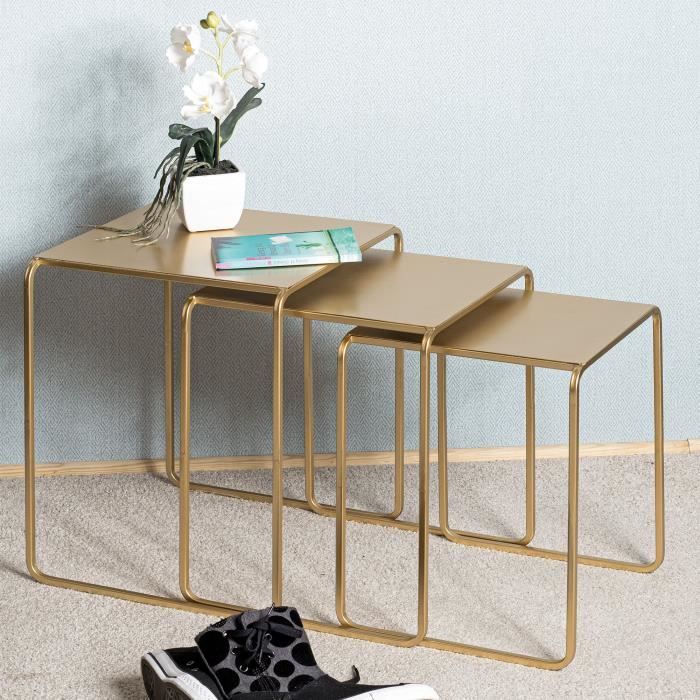 tables gigognes carrées en métal doré - lot de 3 - tailles respectives 32, 35 et 38 cm