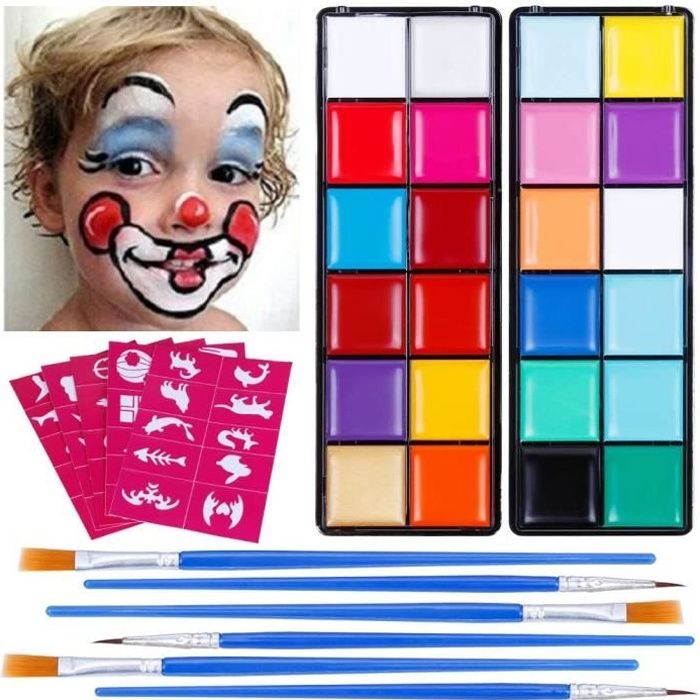 Corps couleurs de maquillage pour enfants 15 couleurs palette de maquillage  2 stylos + 4 modèles ensemble de peinture pour le visage pour enfants  compatible avec les fêtes d'enfants et le carniv