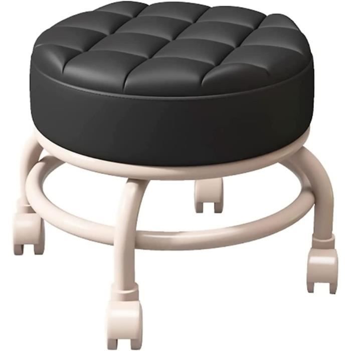 Tabouret Bas à Roulettes Beige - Siège En Cuir PU, Hauteur 29cm, Diamètre 34cm - Pivot 360°, Mobile Et Confortable