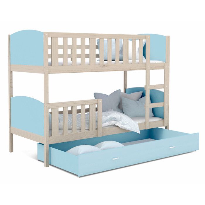 Lit Superposé Tomy 90x190 Pin - bleu Livré avec sommiers Livré avec sommiers tiroir et matelas en mousse de 7cm