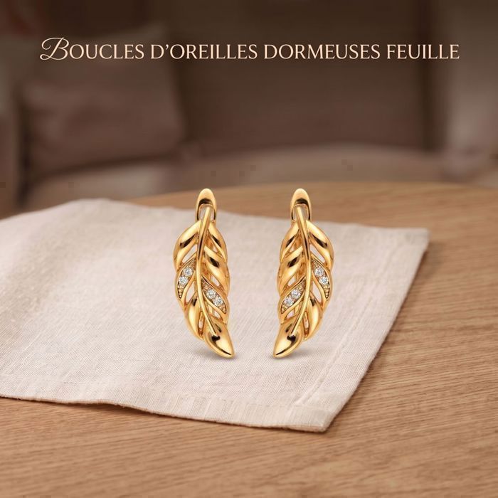Boucles D'oreilles Dormeuses Femme - Motif Feuille En Zircon, Plaqué Or Jaune 750/1000, Neuves