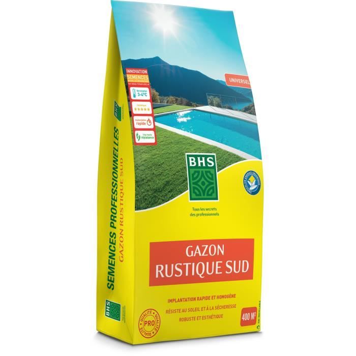 Semence de Gazon - BHS - Gazon Rustique Sud - 10kg - Résistant aux conditions sèches grâce à la fétuque élevée. Rapide et homogène.
