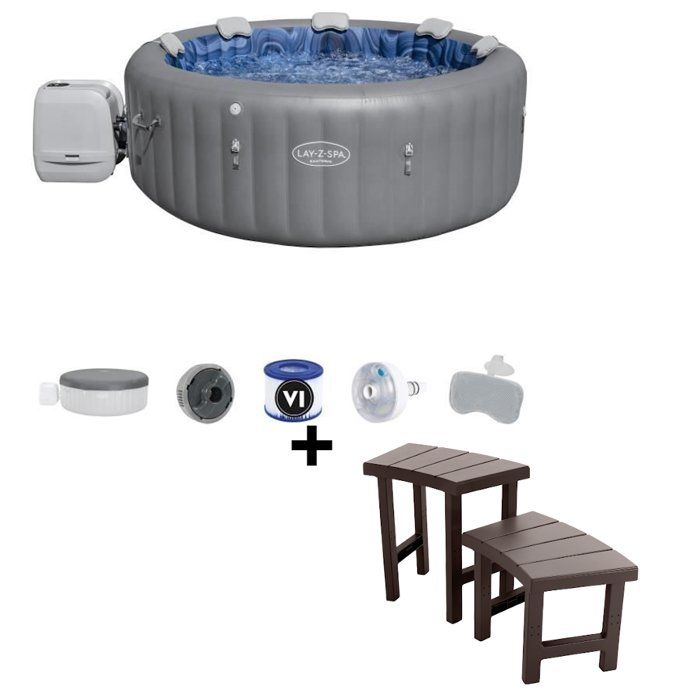 Spa gonflable BESTWAY - Lay-Z-Spa Santorini - 5 à 7 places -Rond (5 appuie-tête rembourrés + 2 LED à eau) + Entourage spa