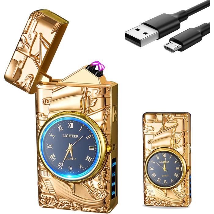 Briquet Plasma Électrique USB Avec Horloge LED Et Lampe – Coupe-Vent, Rechargeable – Design Dragon (Noir)