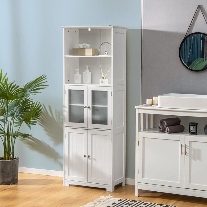 COSTWAY Colonne Salle de Bain avec 4 Portes 2 Compartiments Ouverts Armoire Salle de Bain Étagères Réglables 60x30x163 cm Blanc