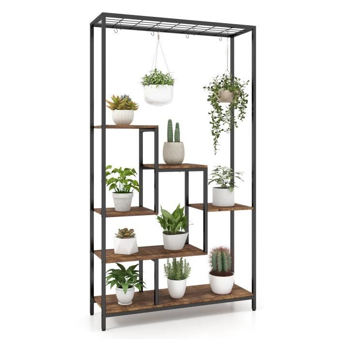 COSTWAY Étagère à Fleurs Porte Plantes en Métal - 10 Crochets Pieds Réglables Dispositif Anti-basculement - Style Industriel