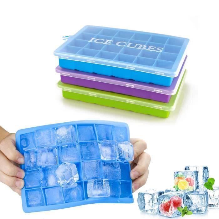 3pcs bac à glace en silicone avec couvercle, bac à glaçons démoulage facile, moules à glace de 24 cubes - vert + violet + bleu