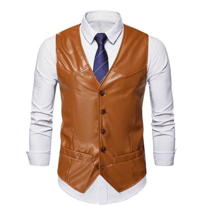 Gilet De Costume Homme Simili Cuir Slim Col V Sans Manche Business Casual Vintage Couleur Unie