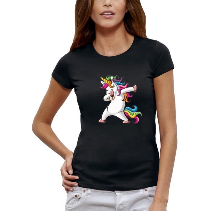 Femme Tee Shirt Licorne Fille Dabbing Unicorn Femme Licorne T-Shirt avec Col en V