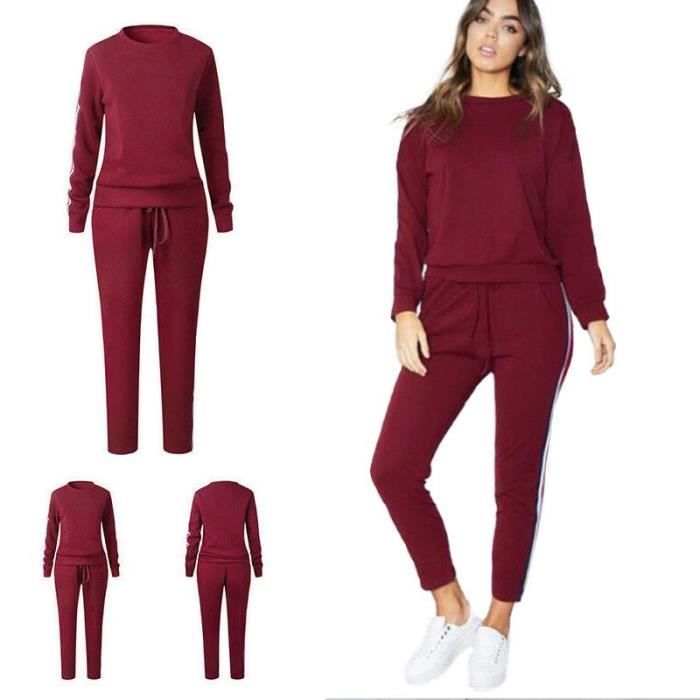 pantalon de survêtement femme 2pcs plus size lounge vêtements de sport - top set - uk 14-16 (2xl) vin rouge