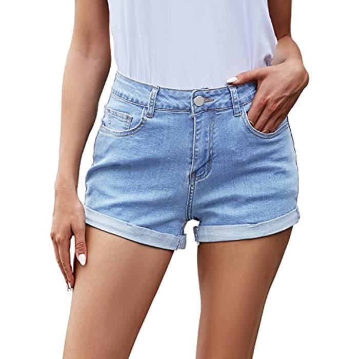 Jeans Short en jean ourlet roulé chaud taille haute déchiré pantalon ...