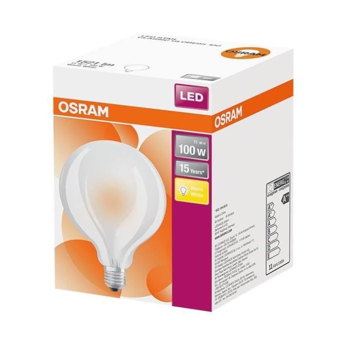 Ampoule Globe LED OSRAM Diamètre 95 mm - 12W = 100 - E27 - Verre dépoli - Blanc Chaud