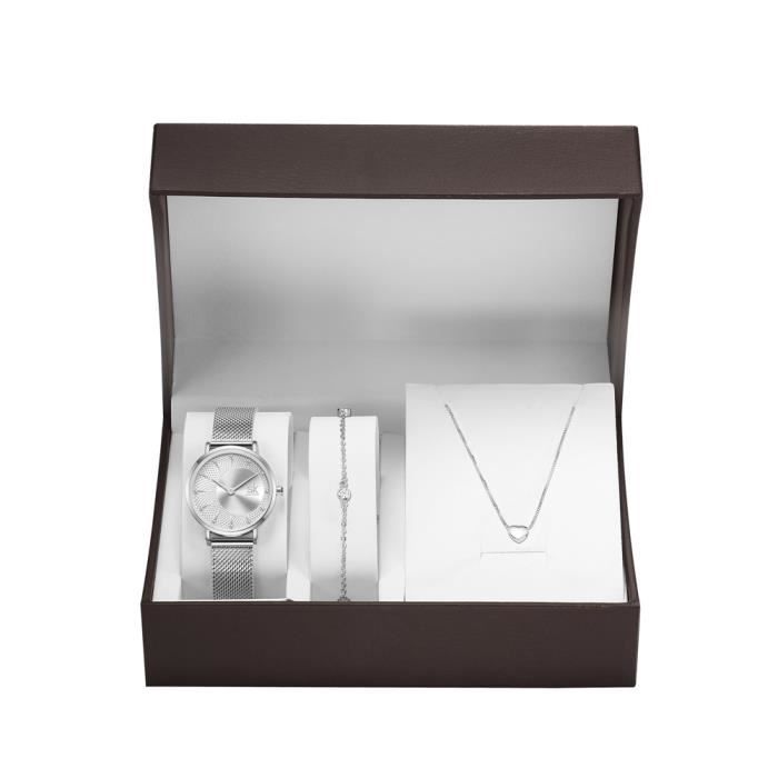 Coffret Montre Femme Bracelet Collier Bijoux Diamants Argenté