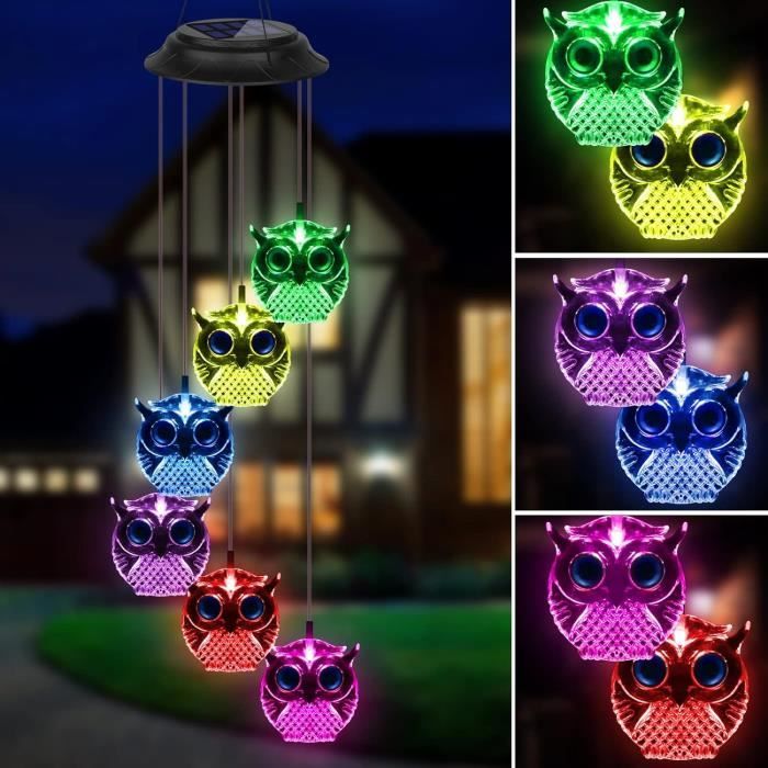 Carillon Solaire Éolien Vegena Avec 6 Chouettes LED - Changement De Couleurs - 80cm - Étanche IP65 - Jardin
