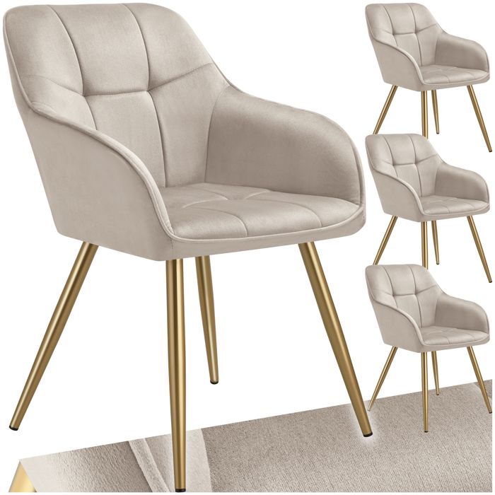 Chaise - TECTAKE - Lot de 4 chaises MARYLIN effet velours capitonné rembourrée et pieds acier doré 58 x 62 x 82 cm - Taupe/Or