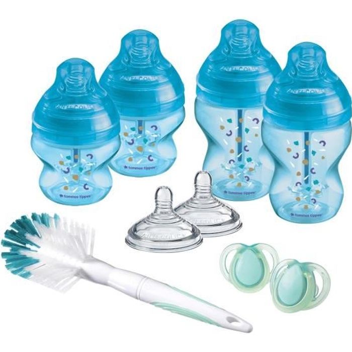 Tommee Tippee Kit Naissance Biberons Anti-Colique Avancé - Tétine valve Anti-Colique débit lent - 150 et 260 ml - Bleu