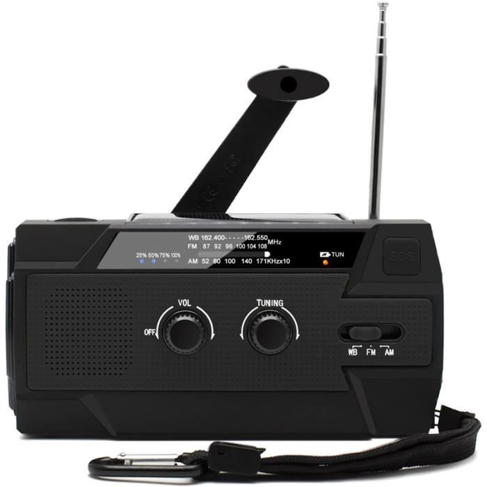 Radio météo d'urgence 12 000 mAh, radio à manivelle, radio solaire portable AM/FM/NOAA avec 2