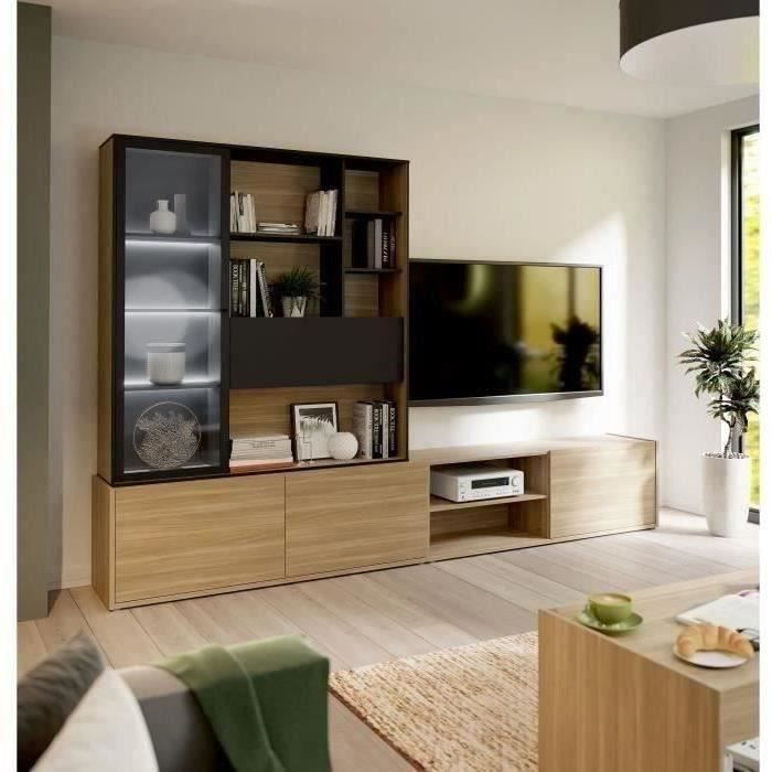 Meuble TV mural suspendu ULEZZA : Meuble TV 3 portes + Etagère - Eclairage inclus - Décor noir et ch