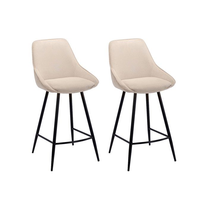 Lot de 2 tabourets de bar en velours côtelé et métal noir - Crème - MASURIE