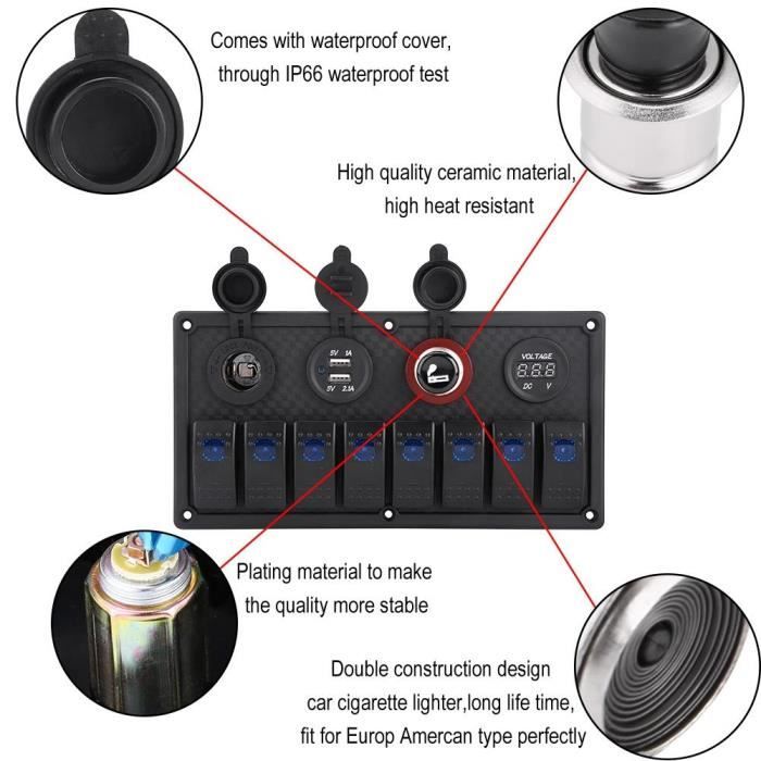 Panneau Interrupteur 5 Gang 12V/24V - Interrupteurs à Bascule LED Bleu - Pour Camping-car, Bateau, Van