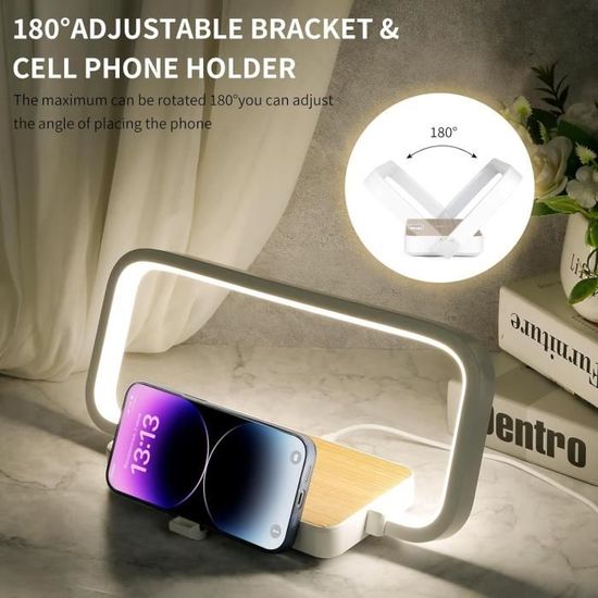 Lampe De Chevet Tactile Avec Chargeur Sans Fil - Horloge Digitale - 3 Modes Lumière - Bois Et Blanc