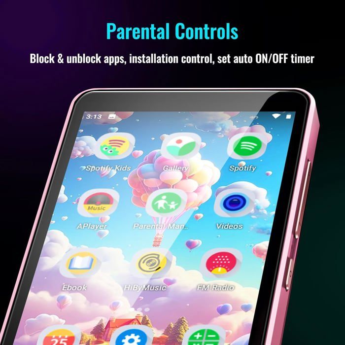 Lecteur MP3 Enfants Avec Contrôle Parental – Supporte Spotify, Audible, Bluetooth/WiFi, 80 Go | Écran 4 Pouces, Android Sécurisé