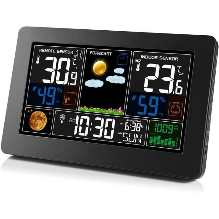 QHYTL Station météo sans Fil Horloge météo réveil électronique température  et humidité contrôle Vocal rétroéclairage Horloge numérique