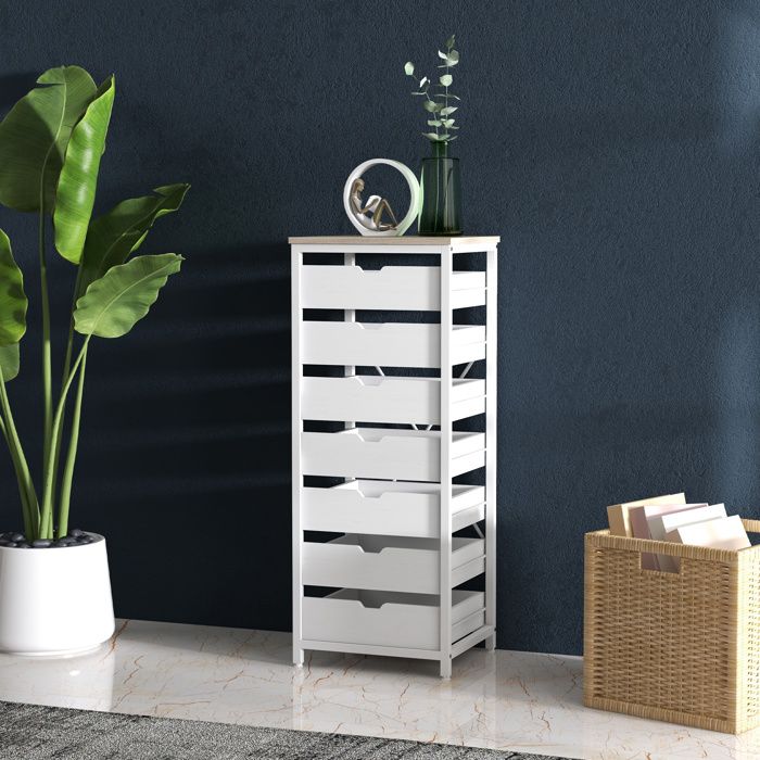 Commode 6 Tiroirs MebLocker 140cm Blanc - Rangement Moderne Sans Poignées Pour Chambre Et Bureau