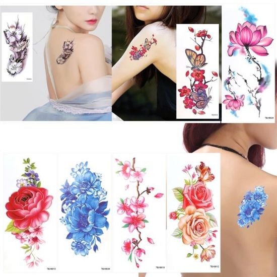 9 Feuilles Tatouage Temporaire Rose Pivoine Fleur Papillon Lotus Fleurs De Cerisier Flash Tatouage Pour Les Femmes