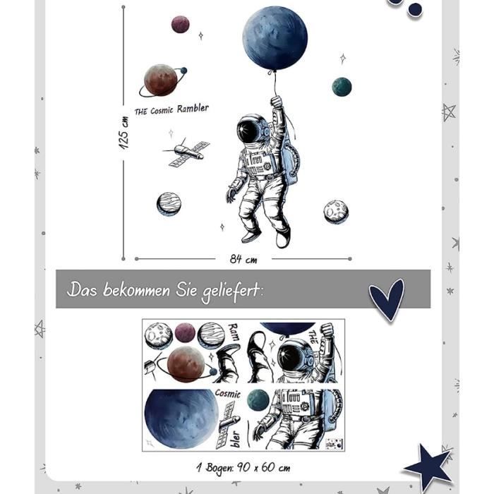 Stickers Muraux Enfants - Decoration Chambre Bébé - Sticker Mural Chambre Enfant - Autocollant Mural Astronaute Et Les Planètes + 80 étoiles - H60 X L90 Cm