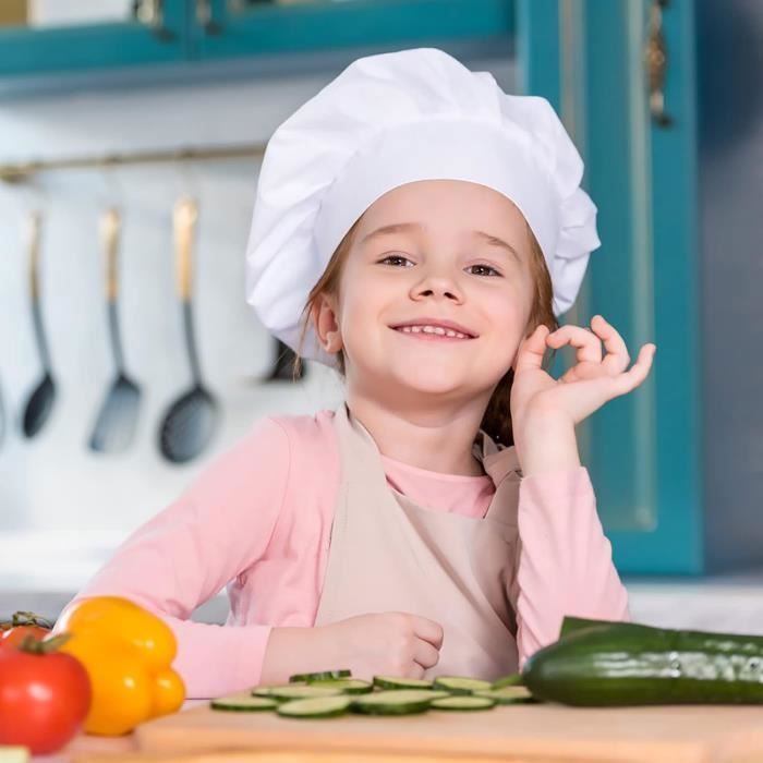 Lot De 4 Chapeaux De Chef Enfant - Toque Réglable 3-13 Ans - Polycoton Respirant - Pour Cuisine, Pâtisserie, Déguisement - Blanc